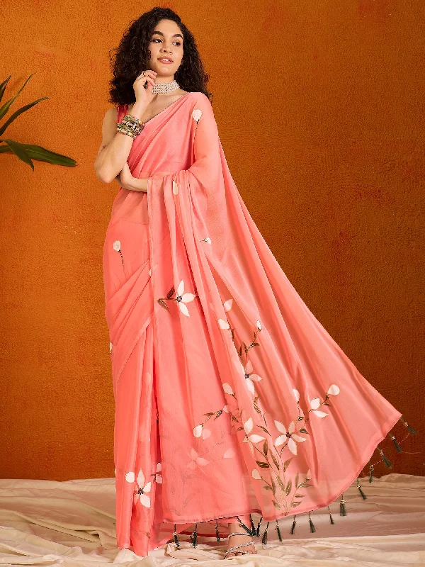 Women's Chiffon Pink Printed Designer Saree With Blouse Piece Lightweight Tunic Blouse Women's Chiffon Pink Printed Designer Saree With Blouse Piece Lightweight Tunic Blouse