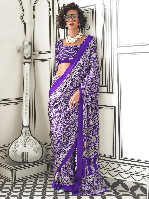 Women's Crepe Purple Printed Designer Saree With Blouse Piece Sleeveless Summer Blouse Women's Crepe Purple Printed Designer Saree With Blouse Piece Sleeveless Summer Blouse
