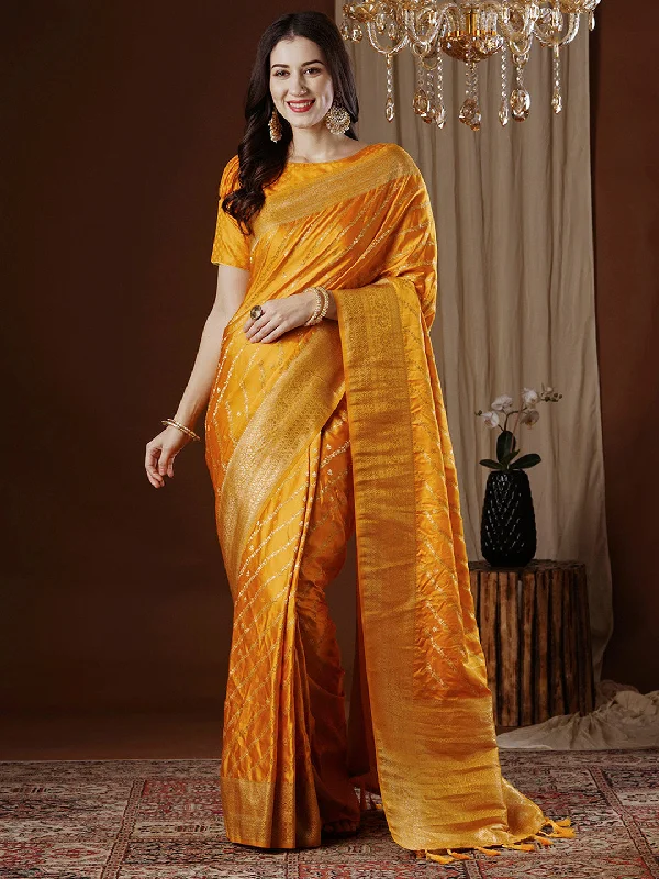 Women's Satin Silk Yellow Woven Design Designer Saree With Blouse Piece Frilled Cuff Blouse Women's Satin Silk Yellow Woven Design Designer Saree With Blouse Piece Frilled Cuff Blouse