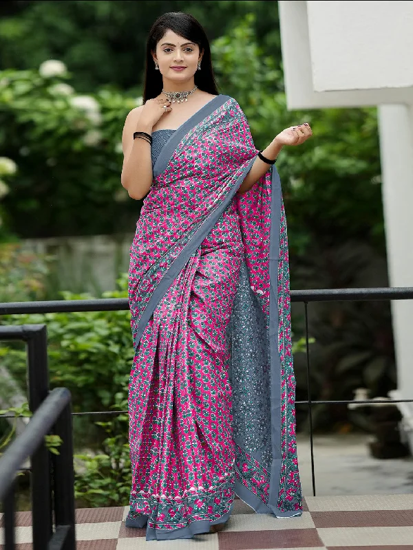 Women's Cotton Grey Printed Designer Saree With Blouse Piece Sleeveless Chiffon Blouse Women's Cotton Grey Printed Designer Saree With Blouse Piece Sleeveless Chiffon Blouse