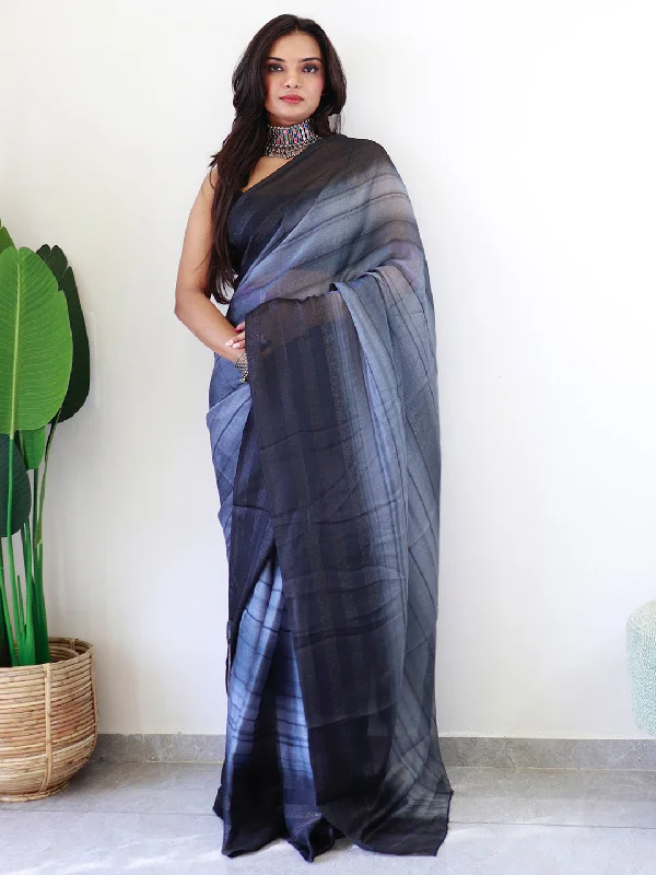 Women's Georgette Grey Printed Ready to Wear With Blouse Piece Sheer Sleeve Blouse
