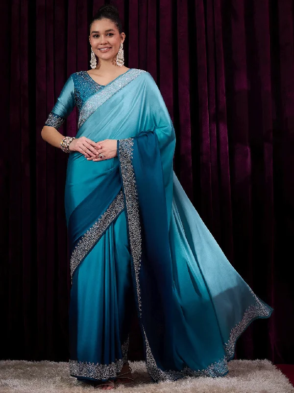 Women's Satin Silk Blue Embellished Designer Saree With Blouse Piece Elegant Lace Blouse Women's Satin Silk Blue Embellished Designer Saree With Blouse Piece Elegant Lace Blouse