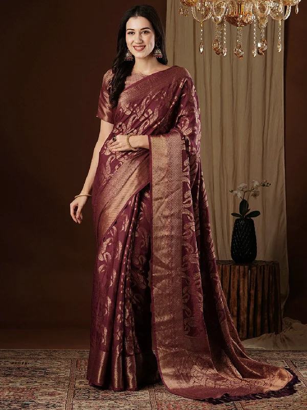 Women's Viscose Silk Burgundy Woven Design Designer Saree With Blouse Piece Romantic Lace Blouse Women's Viscose Silk Burgundy Woven Design Designer Saree With Blouse Piece Romantic Lace Blouse