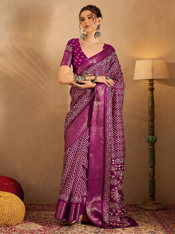 Women's Silk Blend Magenta Printed Designer Saree With Blouse Piece Boho Printed Blouse Women's Silk Blend Magenta Printed Designer Saree With Blouse Piece Boho Printed Blouse