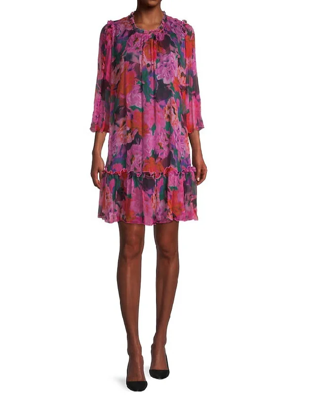Johnny Was Women Floral Pink Visions Pleated Silk Chiffon Mini Dress Cozy Ribbed Mini Dress