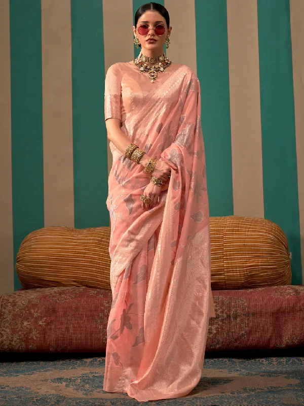 Women's Linen Peach Woven Design Designer Saree With Blouse Piece Delicate Bow Blouse Women's Linen Peach Woven Design Designer Saree With Blouse Piece Delicate Bow Blouse
