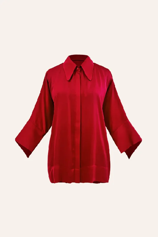 Adira Shirt in Red-- Lace Blend Ribbed Blend Corduroy Blend