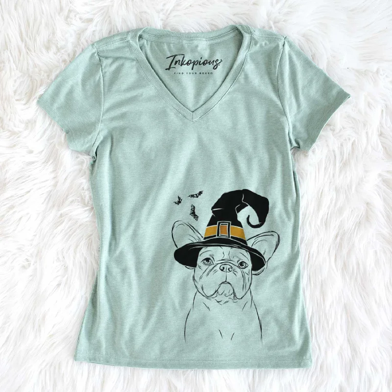 Witch Pierre the French Bulldog - Women's V-neck Shirt-- Beaded Sequined Faux Fur