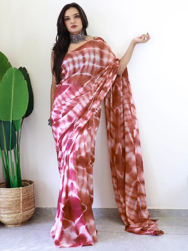 Women's Georgette Brown Printed Ready to Wear With Blouse Piece Elegant Peplum Blouse Women's Georgette Brown Printed Ready to Wear With Blouse Piece Elegant Peplum Blouse