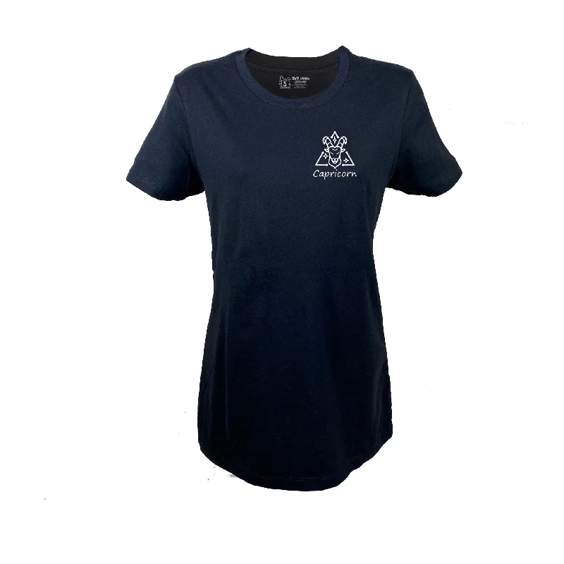 Capricorn Zodiac Calendar Slim Fit Ladies T-Shirt with Fluorite & Moonstone Crystals-- Ribbed Striped Patterned Capricorn Zodiac Calendar Slim Fit Ladies T-Shirt with Fluorite & Moonstone Crystals-- Ribbed Striped Patterned