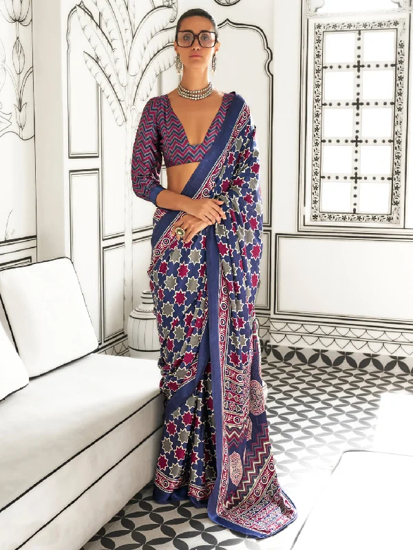 Women's Crepe Navy Blue Printed Designer Saree With Blouse Piece Puff Sleeve Blouse