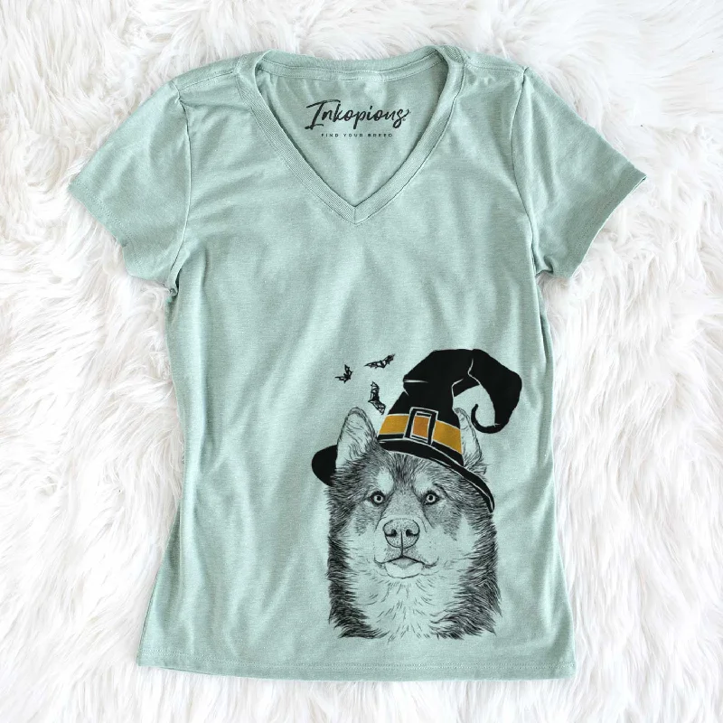 Witch Oskar the Canadian Eskimo Dog - Women's V-neck Shirt-- Polka Dot Checkered Tartan