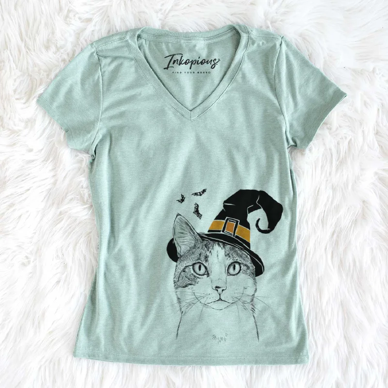 Witch Mini Griffin the Domestic Shorthair Cat - Women's V-neck Shirt-- Beaded Sequined Faux Fur Witch Mini Griffin the Domestic Shorthair Cat - Women's V-neck Shirt-- Beaded Sequined Faux Fur