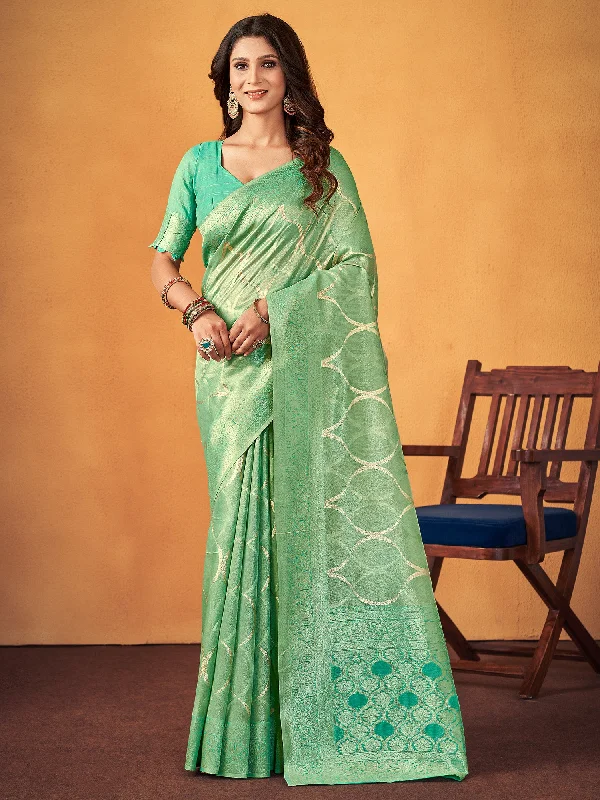 Women's Cotton Sea Green Woven Design Designer Saree With Blouse Piece Off-Shoulder Wrap Blouse Women's Cotton Sea Green Woven Design Designer Saree With Blouse Piece Off-Shoulder Wrap Blouse