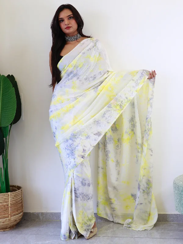 Women's Chiffon Off White Printed Ready to Wear With Blouse Piece Satin Drape Blouse