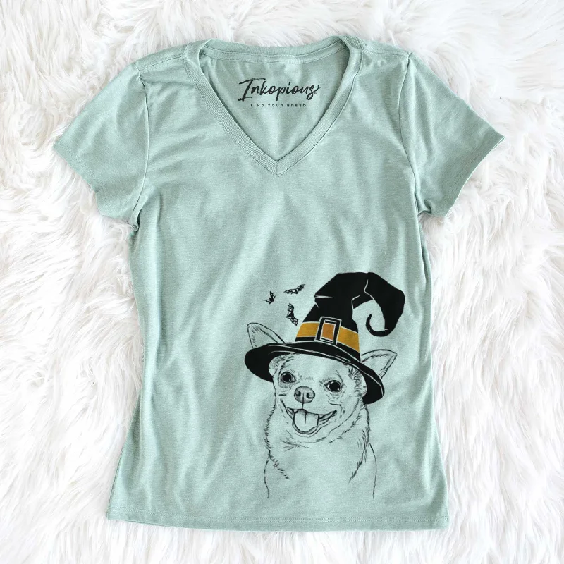 Witch Maddison Pearl the Chihuahua - Women's V-neck Shirt-- Thin T-Shirt Open Front Quick Dry Witch Maddison Pearl the Chihuahua - Women's V-neck Shirt-- Thin T-Shirt Open Front Quick Dry