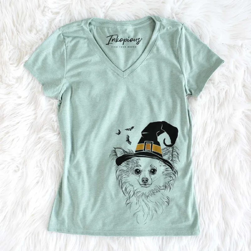 Witch Princess Ava the Long Haired Chihuahua - Women's V-neck Shirt-- Front Pockets Side Pockets Patch Pockets Witch Princess Ava the Long Haired Chihuahua - Women's V-neck Shirt-- Front Pockets Side Pockets Patch Pockets