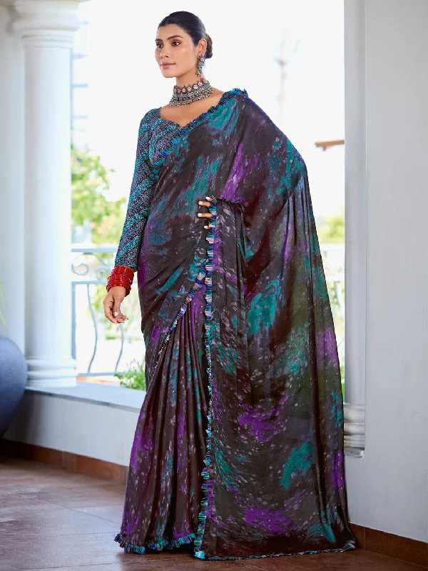 Women's Satin Silk Black Printed Designer Saree With Blouse Piece Delicate Bow Blouse