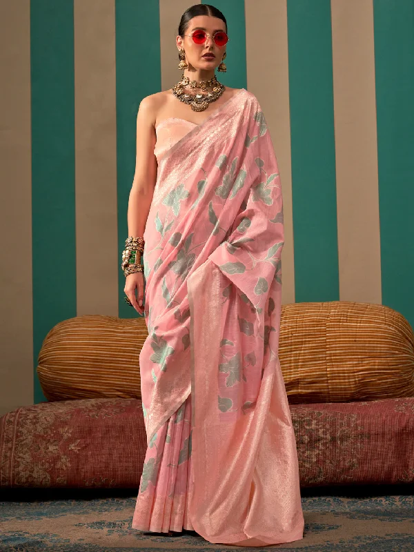 Women's Linen Pink Woven Design Designer Saree With Blouse Piece Elegant Office Blouse Women's Linen Pink Woven Design Designer Saree With Blouse Piece Elegant Office Blouse