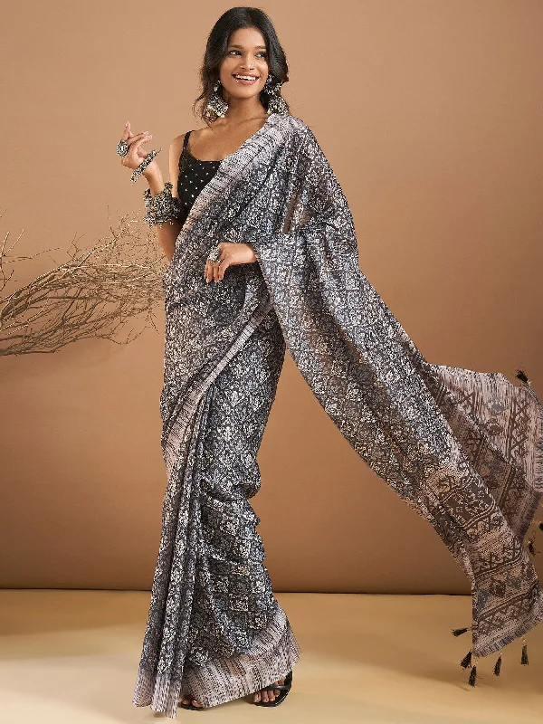 Women's Georgette Black Printed Designer Saree With Blouse Piece Balloon Sleeve Blouse Women's Georgette Black Printed Designer Saree With Blouse Piece Balloon Sleeve Blouse