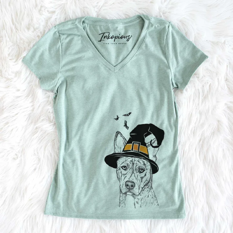 Witch Leo the Ibizan Hound Bull Mastiff Mix - Women's V-neck Shirt-- Faux Fur Fabric Real Fur Fabric Shearling Fabric
