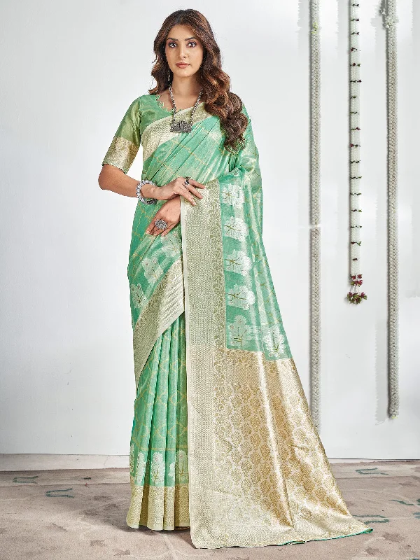 Women's Cotton Sea Green Woven Design Designer Saree With Blouse Piece Elegant Semi-Sheer Blouse Women's Cotton Sea Green Woven Design Designer Saree With Blouse Piece Elegant Semi-Sheer Blouse