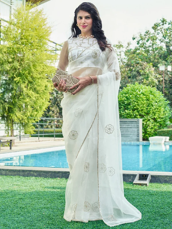 Women's Organza Off White Embellished Designer Saree With Blouse Piece Sweetheart Neck Blouse Women's Organza Off White Embellished Designer Saree With Blouse Piece Sweetheart Neck Blouse
