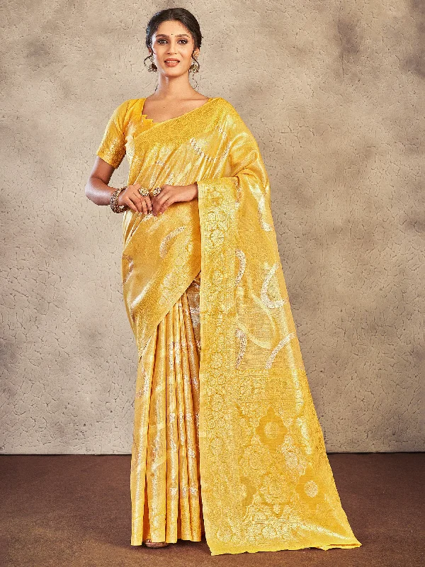 Women's Cotton Yellow Woven Design Designer Saree With Blouse Piece Modern Oversized Blouse