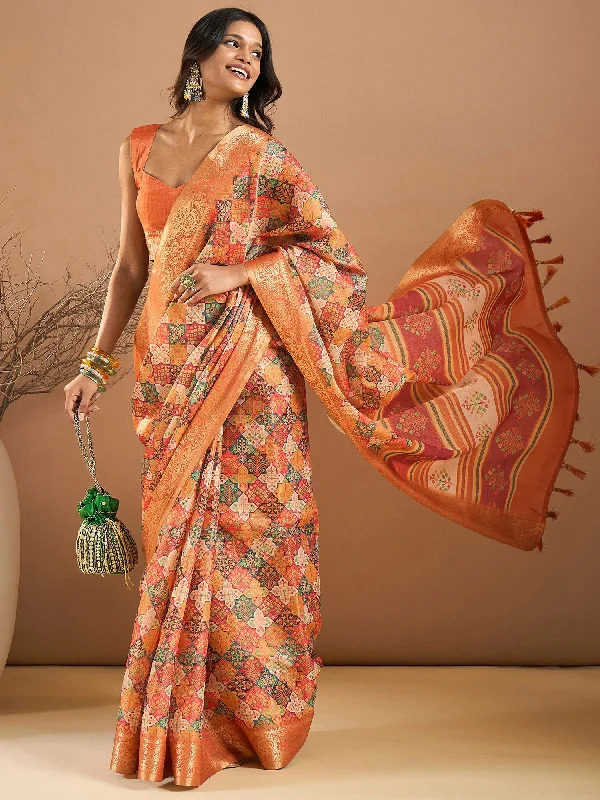 Women's Kanjeevaram Silk Orange Printed Designer Saree With Blouse Piece Soft Knit Blouse Women's Kanjeevaram Silk Orange Printed Designer Saree With Blouse Piece Soft Knit Blouse