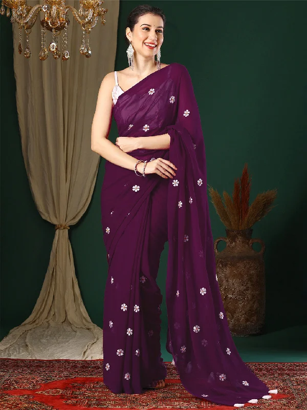 Women's Georgette Purple Embroidered Designer Saree With Blouse Piece Casual Button Blouse Women's Georgette Purple Embroidered Designer Saree With Blouse Piece Casual Button Blouse