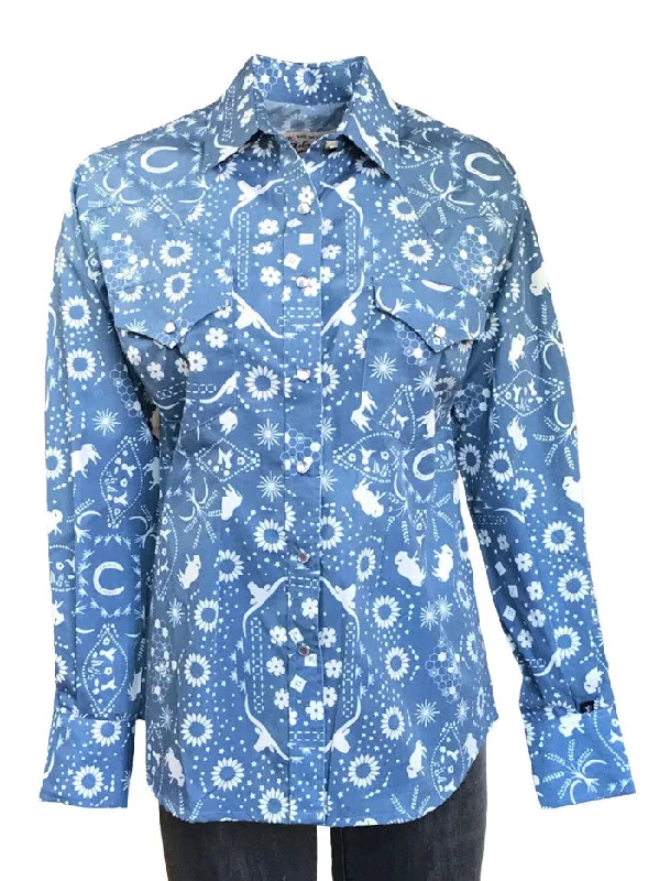 Rockmount 7733 Womens Bison Bandana Print Western Shirt Blue-- Print Jacquard Patchwork Rockmount 7733 Womens Bison Bandana Print Western Shirt Blue-- Print Jacquard Patchwork