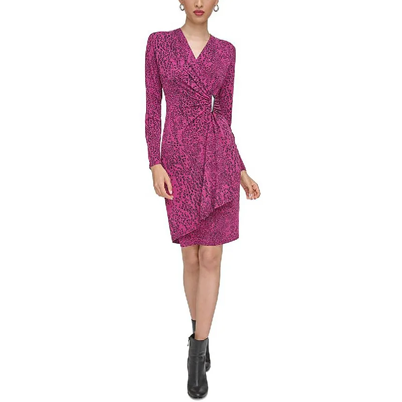 Petites Womens Embellished Wrapped Mini Dress Elegant Sequin Mini Dress