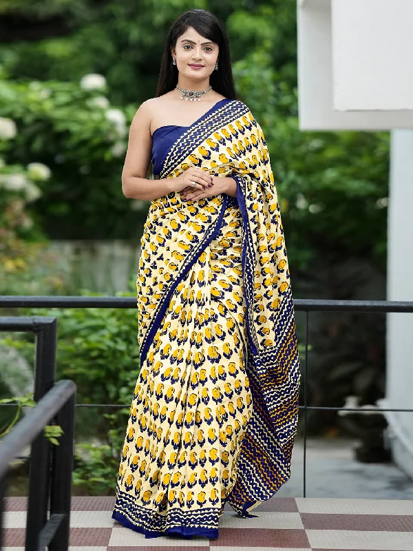 Women's Cotton Navy Blue Printed Designer Saree With Blouse Piece Boho Chic Blouse