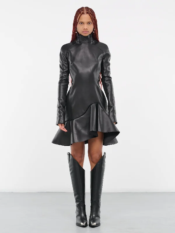 Leather Ruffle Mini Dress (DK40D-BLACK) Cozy Cotton Mini Dress