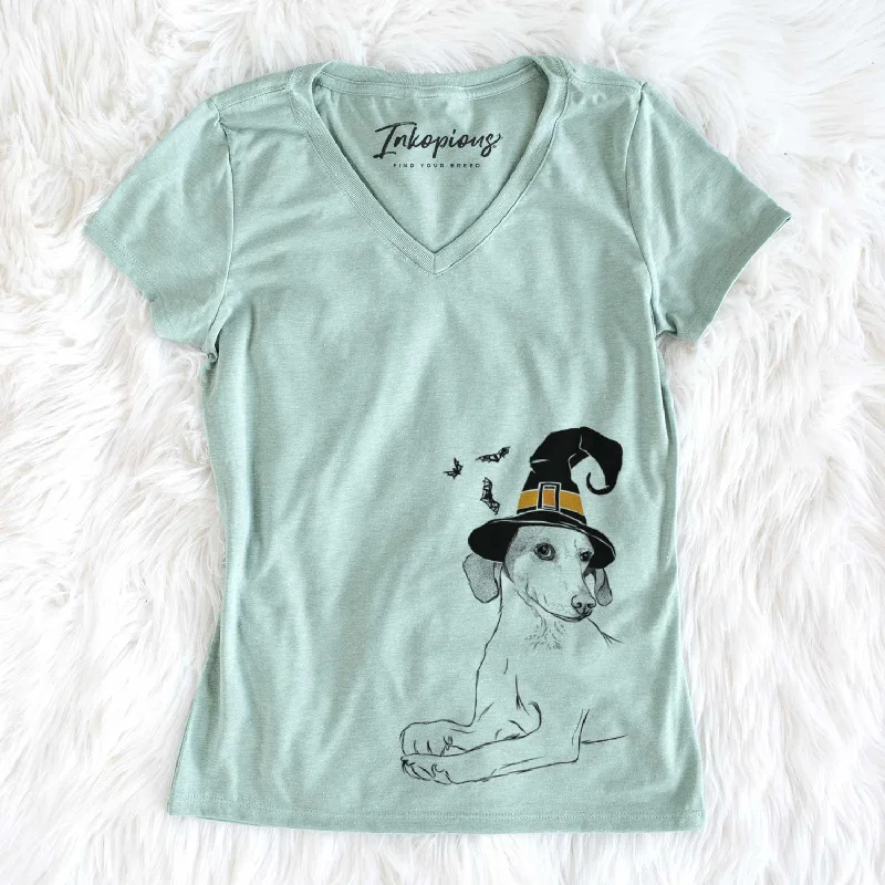 Witch Opie the Foxhound - Women's V-neck Shirt-- Hooded Caped Shawl Collar