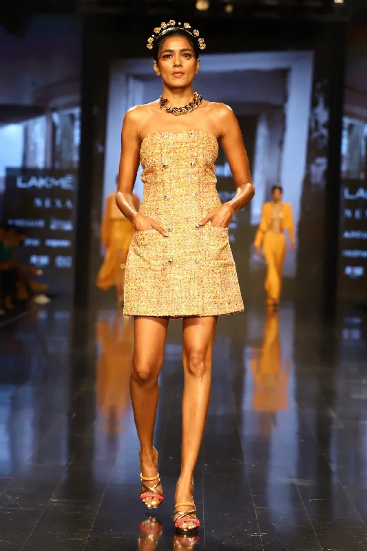 Off Shoulder Tweed Mini Dress Elegant Mini Dress with Pleats