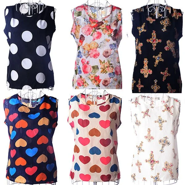 New Summer Print Sleeveless Chiffon Shirt Fashion Women Vintage Heart Dot Striped T Shirts -- Basic T-Shirt Crew Neck Short Sleeve New Summer Print Sleeveless Chiffon Shirt Fashion Women Vintage Heart Dot Striped T Shirts -- Basic T-Shirt Crew Neck Short Sleeve