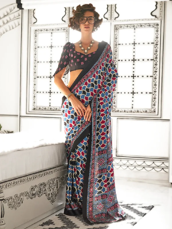 Women's Crepe Blue Printed Designer Saree With Blouse Piece Lightweight Chiffon Blouse Women's Crepe Blue Printed Designer Saree With Blouse Piece Lightweight Chiffon Blouse