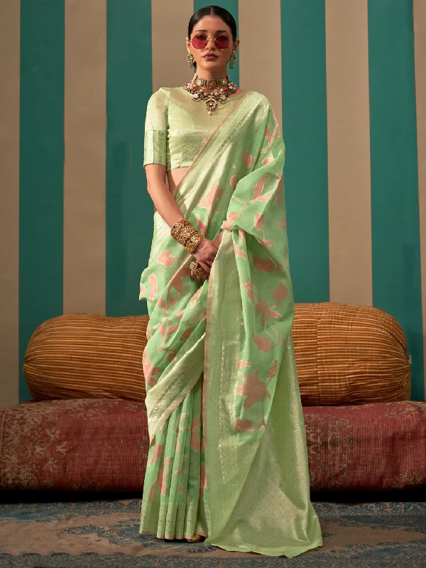 Women's Linen Light Green Woven Design Designer Saree With Blouse Piece Lightweight Linen Blouse Women's Linen Light Green Woven Design Designer Saree With Blouse Piece Lightweight Linen Blouse