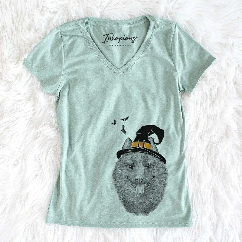 Witch Sander the Schipperke - Women's V-neck Shirt-- Seamless Knitted Crochet