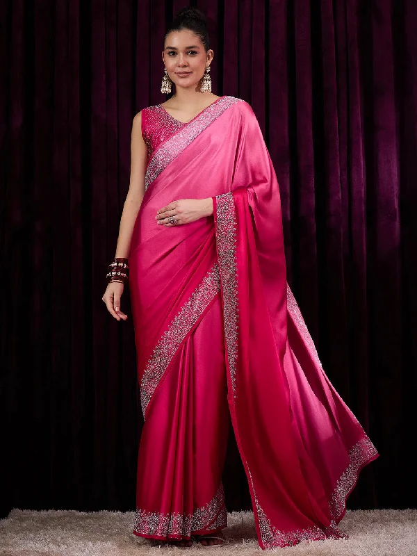 Women's Satin Silk Pink Embellished Designer Saree With Blouse Piece High Neck Blouse Women's Satin Silk Pink Embellished Designer Saree With Blouse Piece High Neck Blouse