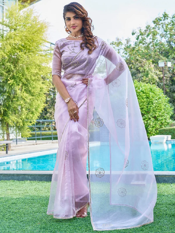 Women's Organza Lavender Embellished Designer Saree With Blouse Piece Lightweight Floral Blouse Women's Organza Lavender Embellished Designer Saree With Blouse Piece Lightweight Floral Blouse