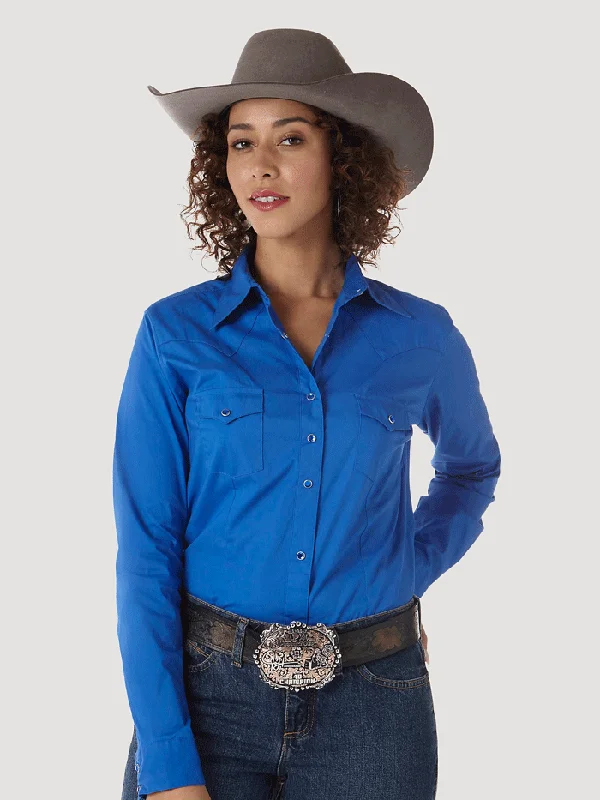 Wrangler LW1011B Ladies Western Long Sleeve Solid Shirt Royal Blue - B-- Print Jacquard Patchwork Wrangler LW1011B Ladies Western Long Sleeve Solid Shirt Royal Blue - B-- Print Jacquard Patchwork