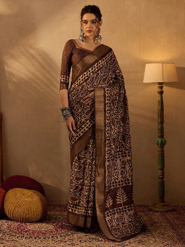 Women's Silk Blend Brown Printed Designer Saree With Blouse Piece Feminine Puff Blouse Women's Silk Blend Brown Printed Designer Saree With Blouse Piece Feminine Puff Blouse