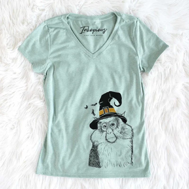 Witch Matata the Mona Monkey - Women's V-neck Shirt-- Embroidered Appliqued Beaded
