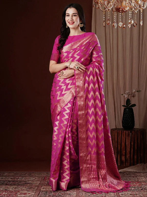 Women's Georgette Pink Woven Design Designer Saree With Blouse Piece Balloon Sleeve Blouse Women's Georgette Pink Woven Design Designer Saree With Blouse Piece Balloon Sleeve Blouse