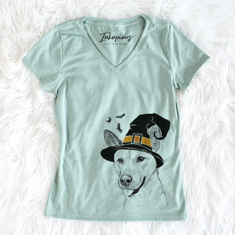 Witch Kulfi the Jindo Shiba Inu Mix - Women's V-neck Shirt-- Lace Blend Ribbed Blend Corduroy Blend