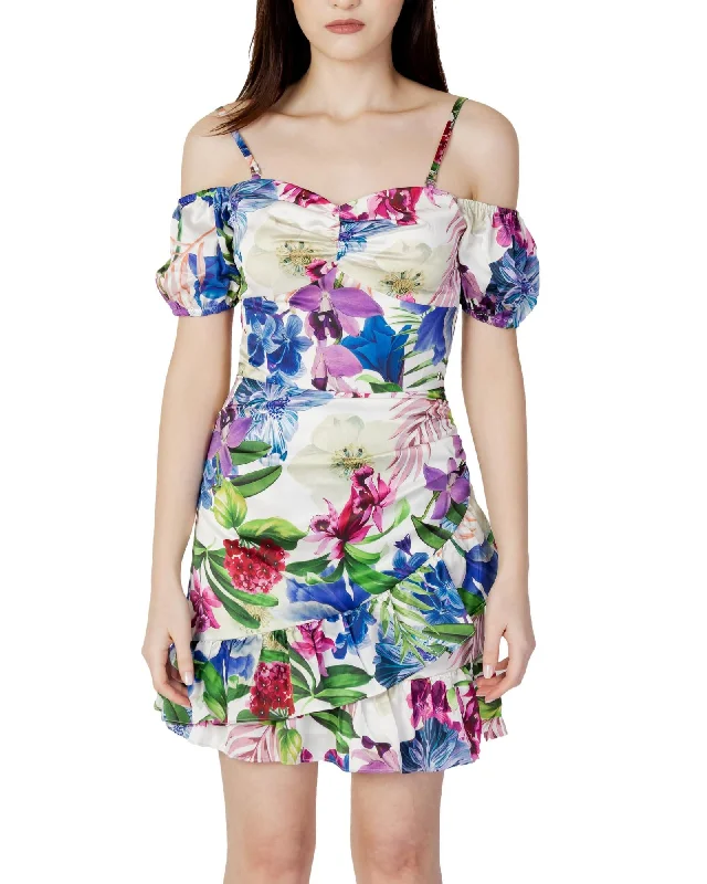 Guess  Women's Floral Print Off-the-Shoulder Dress   Floral Print Mini Dress   Off-the-Shoulder Ruched Floral Dress Casual V-Neck Mini Dress