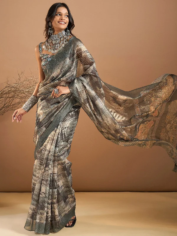 Women's Organza Sea Green Printed Designer Saree With Blouse Piece Frilled Cuff Blouse Women's Organza Sea Green Printed Designer Saree With Blouse Piece Frilled Cuff Blouse