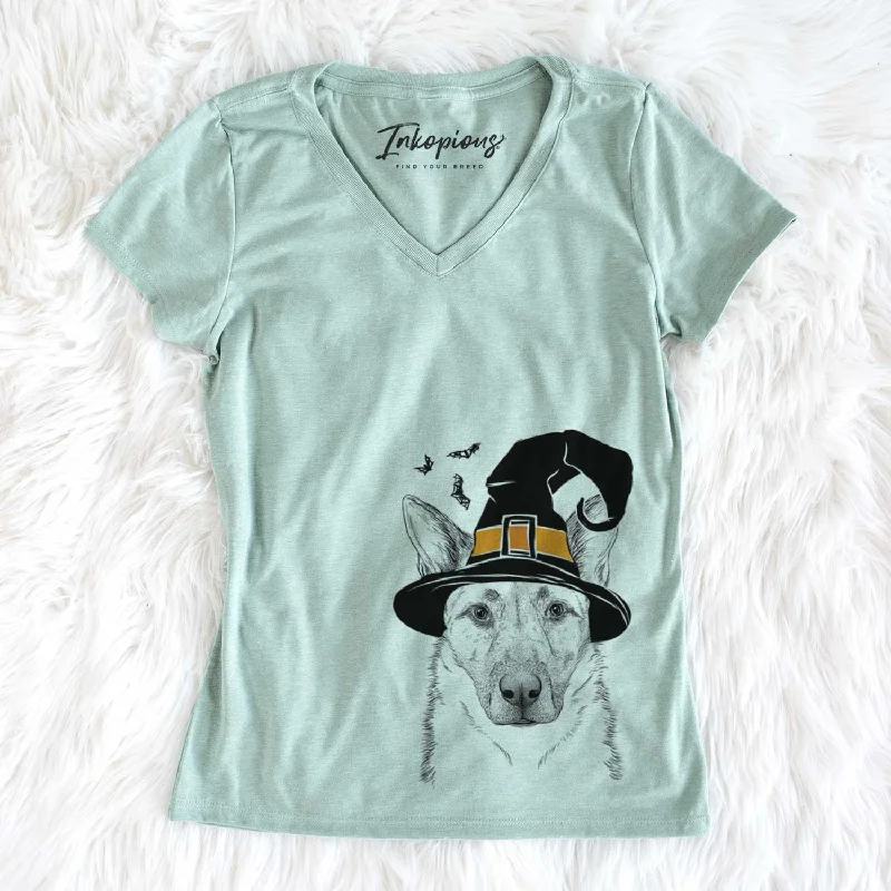 Witch Oliverno the German Shepherd - Women's V-neck Shirt-- Wool Fabric Cashmere Fabric Tweed Fabric Witch Oliverno the German Shepherd - Women's V-neck Shirt-- Wool Fabric Cashmere Fabric Tweed Fabric